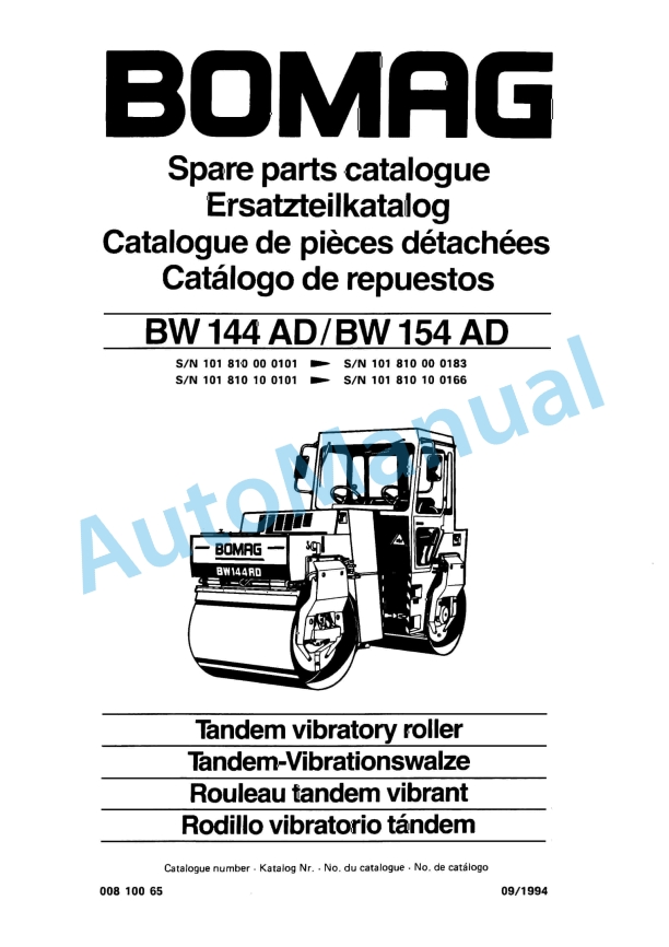 Bomag BW 144 AD, BW 154 AD Tandem Vibratory Roller Spare Parts Catalogue 00810065
