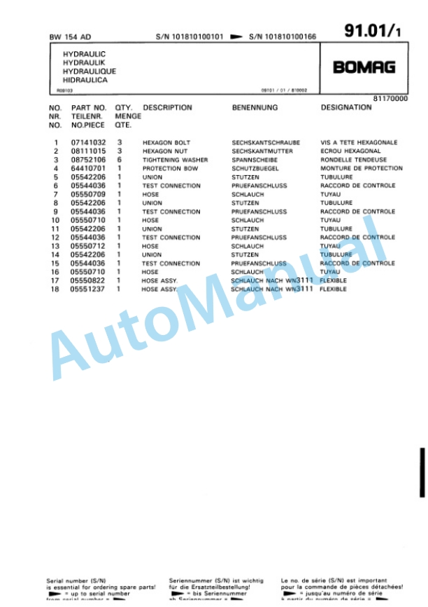 Bomag BW 144 AD, BW 154 AD Tandem Vibratory Roller Spare Parts Catalogue 00810065-2