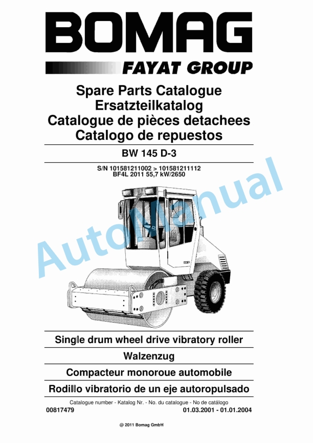 Bomag BW 145 D-3 Single Drum Wheel Drive Vibratory Roller Spare Parts Catalogue 00817479