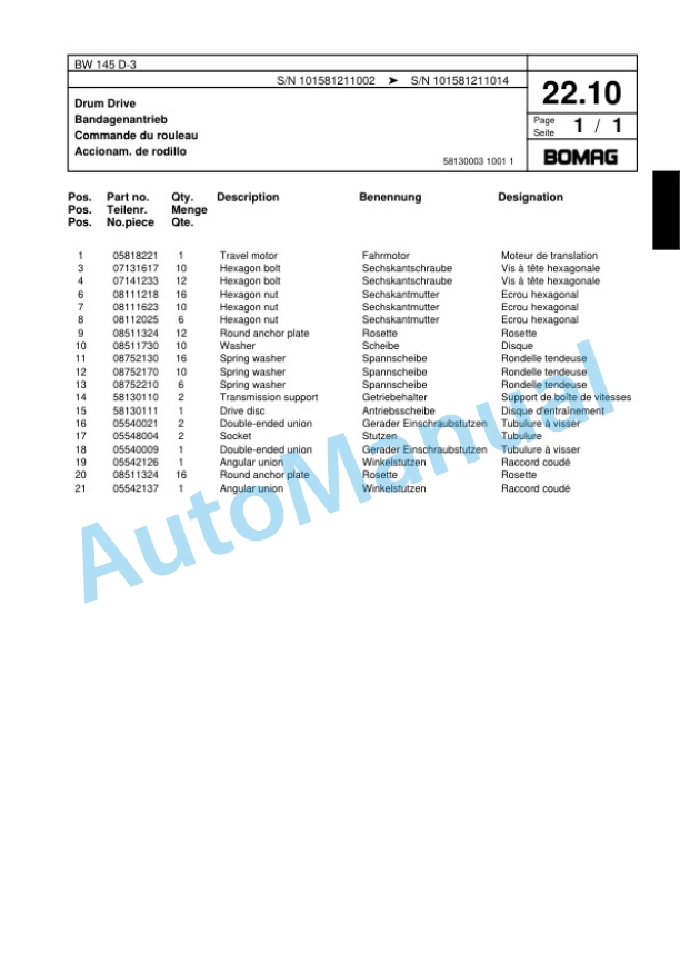 Bomag BW 145 D-3 Single Drum Wheel Drive Vibratory Roller Spare Parts Catalogue 00817479-2