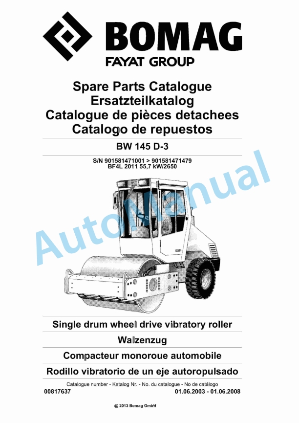 Bomag BW 145 D-3 Single Drum Wheel Drive Vibratory Roller Spare Parts Catalogue 00817637