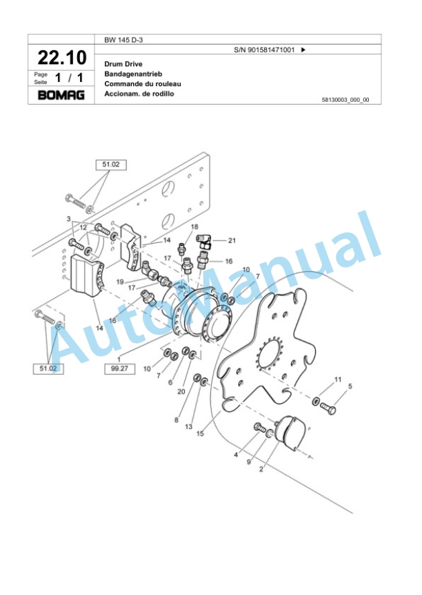 Bomag BW 145 D-3 Single Drum Wheel Drive Vibratory Roller Spare Parts Catalogue 00817637-2