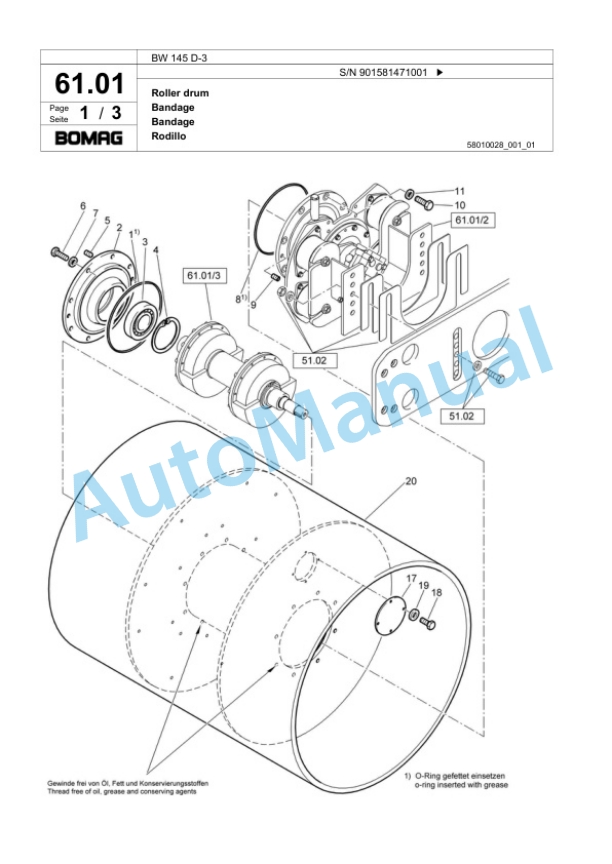 Bomag BW 145 D-3 Single Drum Wheel Drive Vibratory Roller Spare Parts Catalogue 00817637-3