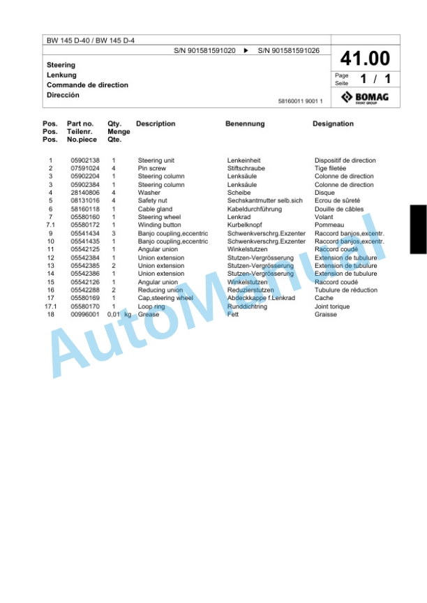 Bomag BW 145 D-40, BW 145 D-4 Single Drum Wheel Drive Vibratory Roller Spare Parts Catalogue 00818323-2