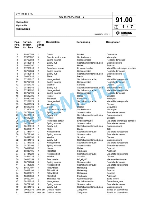 Bomag BW 145 D-5 PL Single Drum Wheel Drive Vibratory Roller Spare Parts Catalogue 00827061-2