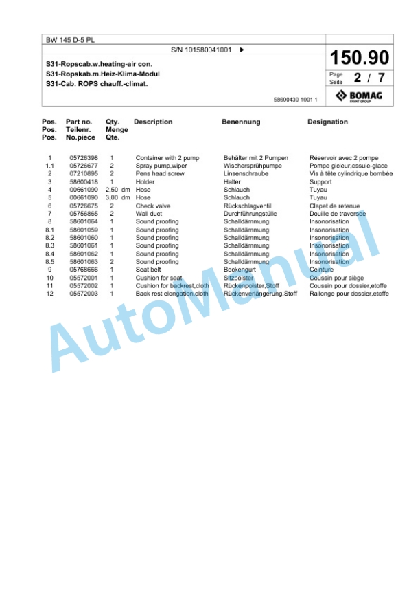 Bomag BW 145 D-5 PL Single Drum Wheel Drive Vibratory Roller Spare Parts Catalogue 00827061-3