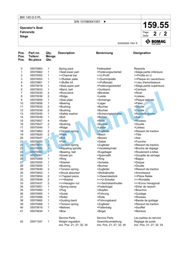 Bomag BW 145 D-5 PL Single Drum Wheel Drive Vibratory Roller Spare Parts Catalogue 00827061-5