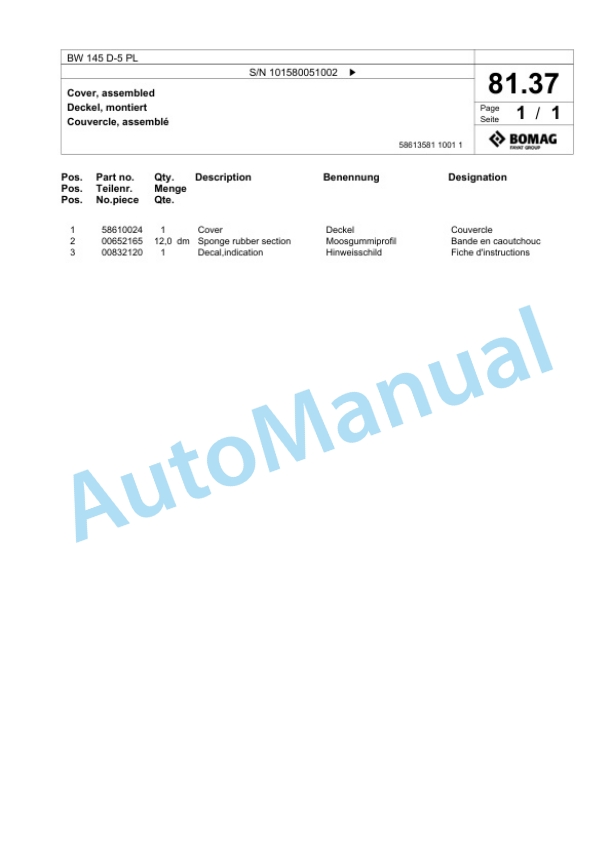 Bomag BW 145 D-5 PL Single Drum Wheel Drive Vibratory Roller Spare Parts Catalogue 00827063-2