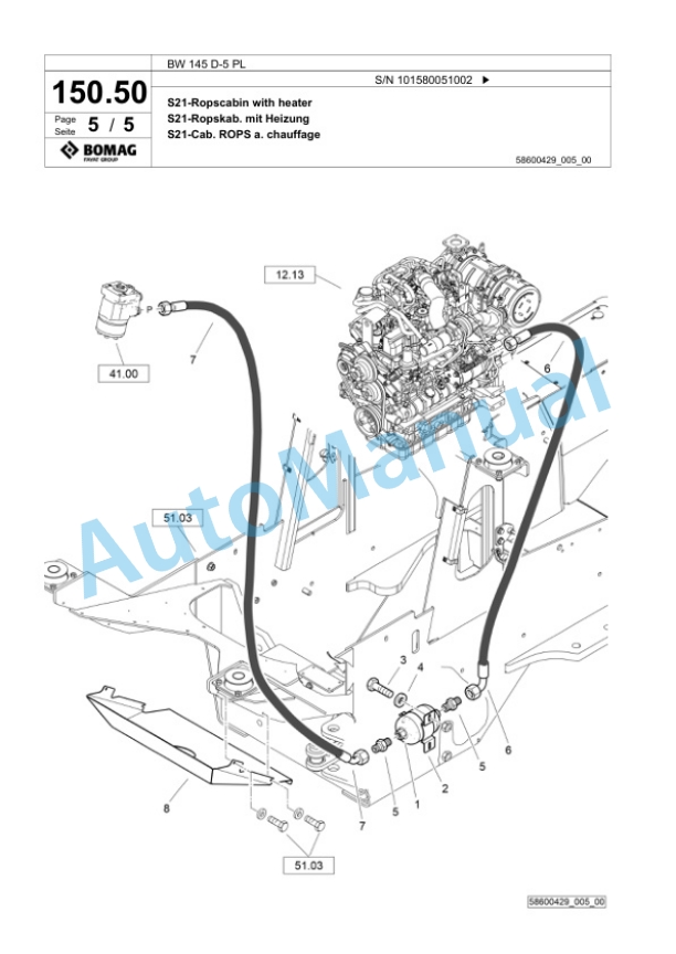 Bomag BW 145 D-5 PL Single Drum Wheel Drive Vibratory Roller Spare Parts Catalogue 00827063-3
