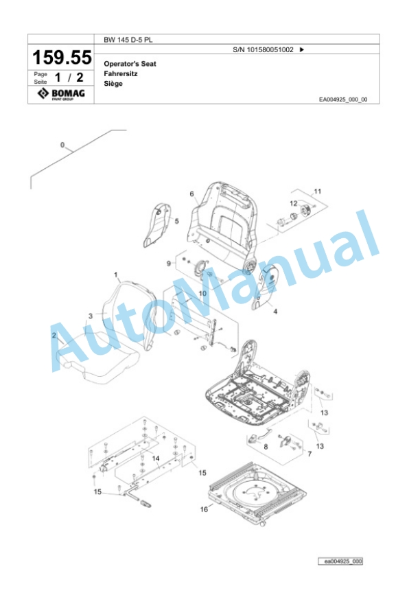 Bomag BW 145 D-5 PL Single Drum Wheel Drive Vibratory Roller Spare Parts Catalogue 00827063-5