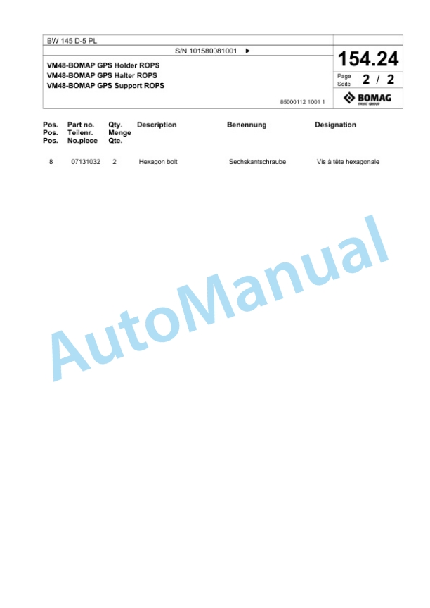 Bomag BW 145 D-5 PL Single Drum Wheel Drive Vibratory Roller Spare Parts Catalogue 00827069-4