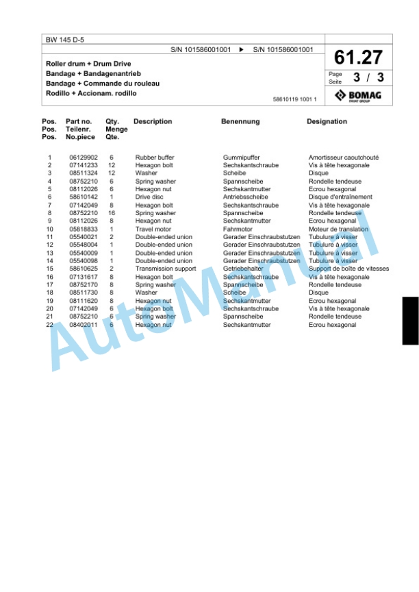 Bomag BW 145 D-5 Single Drum Wheel Drive Vibratory Roller Spare Parts Catalogue 00824357-2