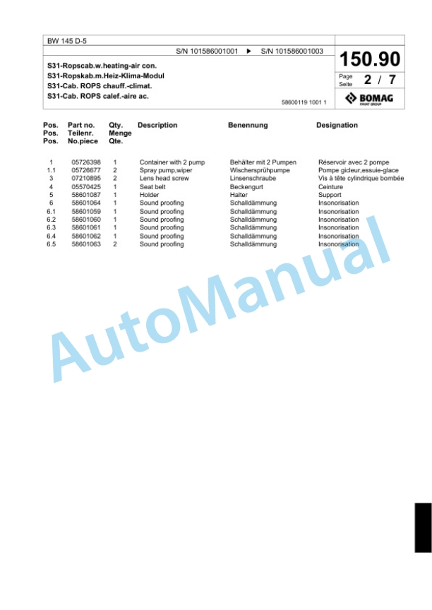 Bomag BW 145 D-5 Single Drum Wheel Drive Vibratory Roller Spare Parts Catalogue 00824357-4