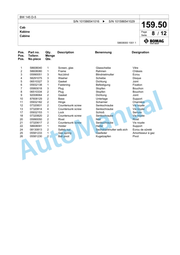 Bomag BW 145 D-5 Single Drum Wheel Drive Vibratory Roller Spare Parts Catalogue 00825003-4