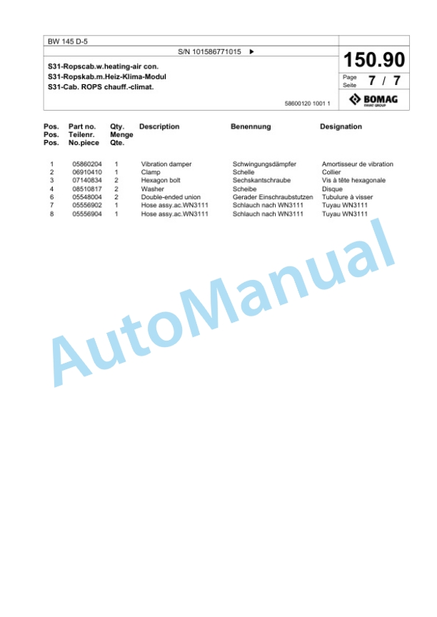 Bomag BW 145 D-5 Single Drum Wheel Drive Vibratory Roller Spare Parts Catalogue 00825427-4