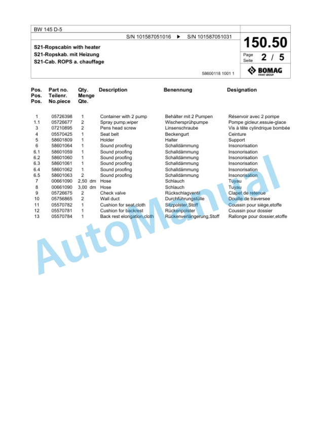 Bomag BW 145 D-5 Single Drum Wheel Drive Vibratory Roller Spare Parts Catalogue 00825719-3
