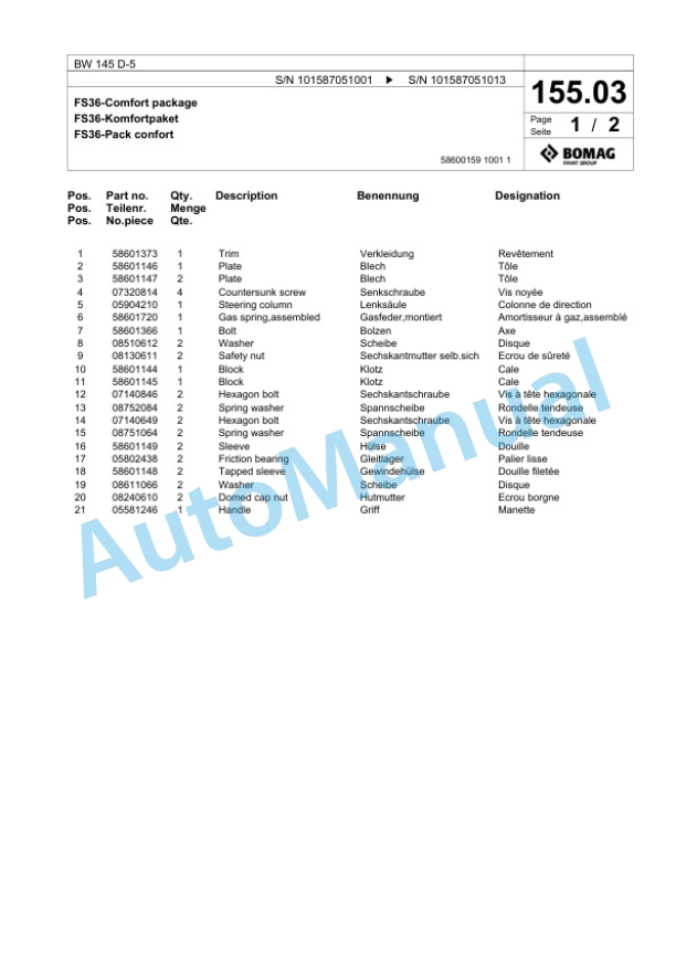 Bomag BW 145 D-5 Single Drum Wheel Drive Vibratory Roller Spare Parts Catalogue 00825719-4