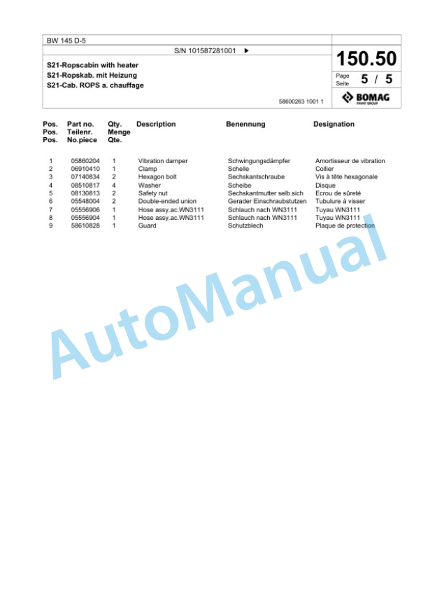 Bomag BW 145 D-5 Single Drum Wheel Drive Vibratory Roller Spare Parts Catalogue 00825837-3