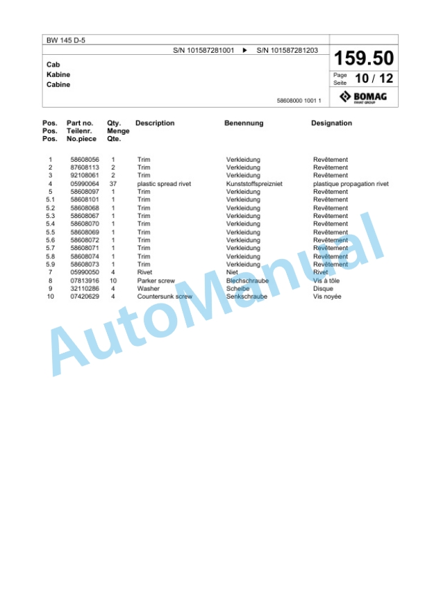Bomag BW 145 D-5 Single Drum Wheel Drive Vibratory Roller Spare Parts Catalogue 00825837-5
