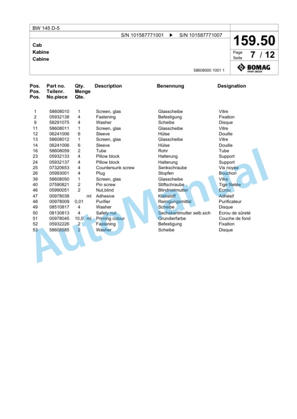 Bomag BW 145 D-5 Single Drum Wheel Drive Vibratory Roller Spare Parts Catalogue 00826771-5
