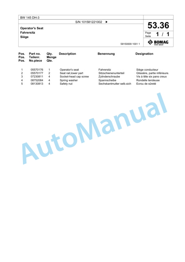 Bomag BW 145 DH-3 Single Drum Wheel Drive Vibratory Roller Spare Parts Catalogue 00817481-2