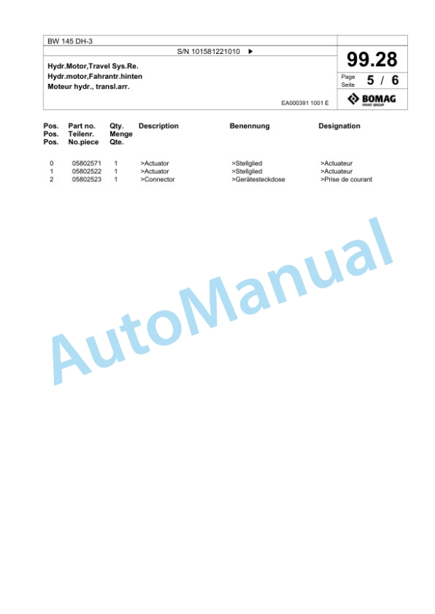 Bomag BW 145 DH-3 Single Drum Wheel Drive Vibratory Roller Spare Parts Catalogue 00817481-4