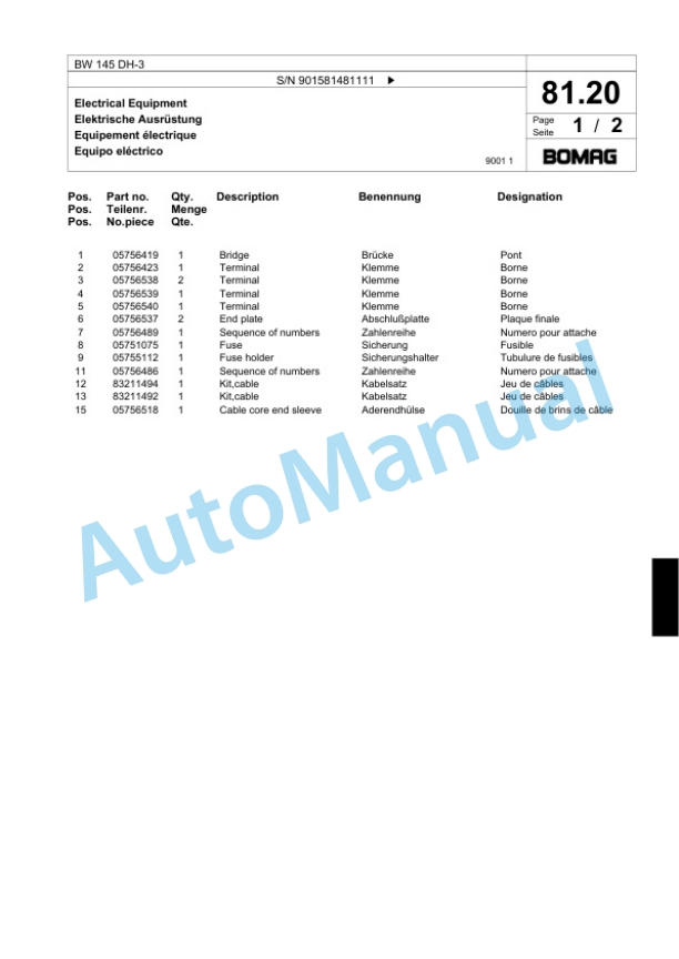 Bomag BW 145 DH-3 Single Drum Wheel Drive Vibratory Roller Spare Parts Catalogue 00817638-3