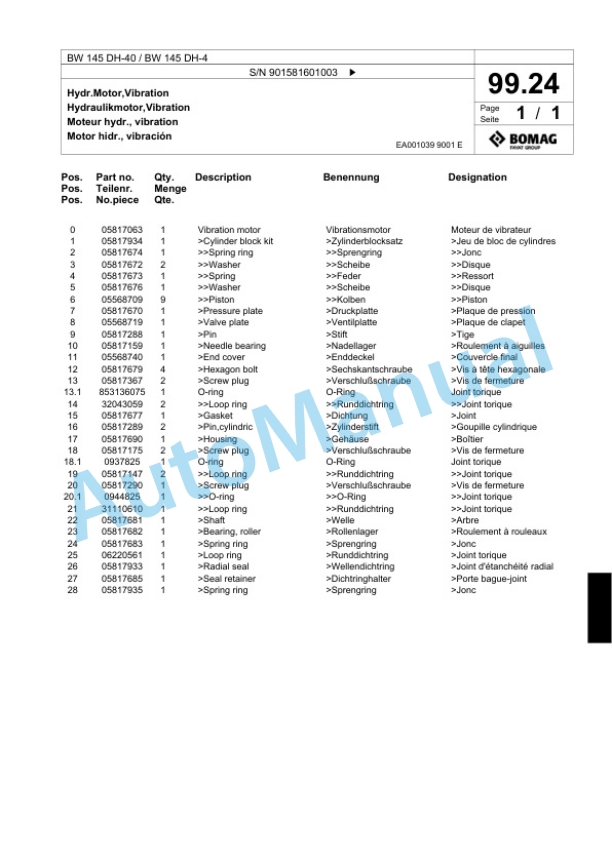 Bomag BW 145 DH-40, BW 145 DH-4 Single Drum Wheel Drive Vibratory Roller Spare Parts Catalogue 00818325-4