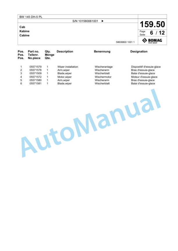 Bomag BW 145 DH-5 PL Single Drum Wheel Drive Vibratory Roller Spare Parts Catalogue 00827065-4