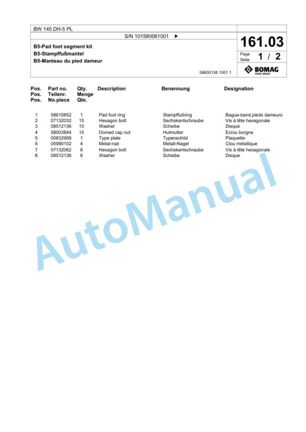 Bomag BW 145 DH-5 PL Single Drum Wheel Drive Vibratory Roller Spare Parts Catalogue 00827065-5