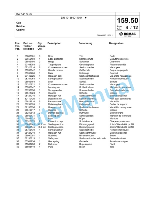 Bomag BW 145 DH-5 Single Drum Wheel Drive Vibratory Roller Spare Parts Catalogue 00824471-5