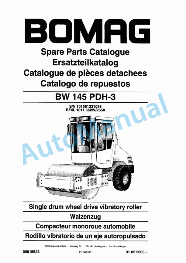 Bomag BW 145 PDH-3 Single Drum Wheel Drive Vibratory Roller Spare Parts Catalogue 00815523