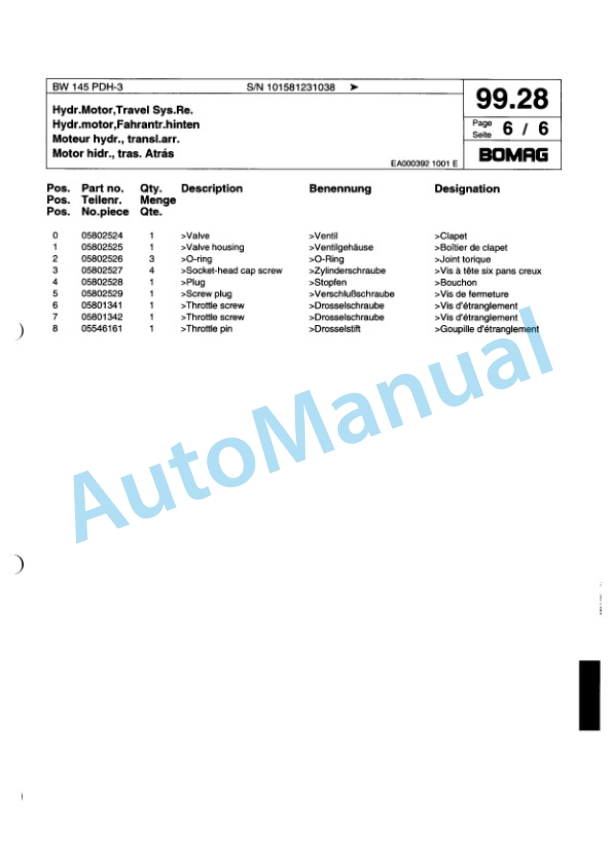 Bomag BW 145 PDH-3 Single Drum Wheel Drive Vibratory Roller Spare Parts Catalogue 00815523-4