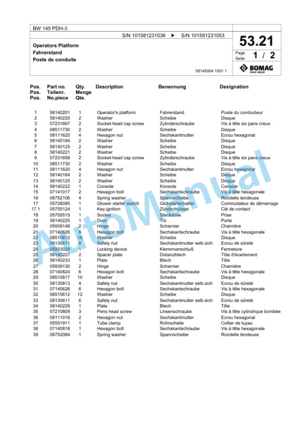 Bomag BW 145 PDH-3 Single Drum Wheel Drive Vibratory Roller Spare Parts Catalogue 00817483-2