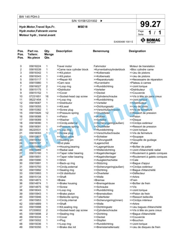 Bomag BW 145 PDH-3 Single Drum Wheel Drive Vibratory Roller Spare Parts Catalogue 00817483-4