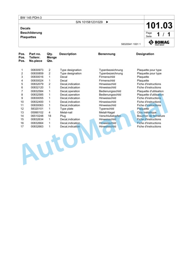 Bomag BW 145 PDH-3 Single Drum Wheel Drive Vibratory Roller Spare Parts Catalogue 00817483-5