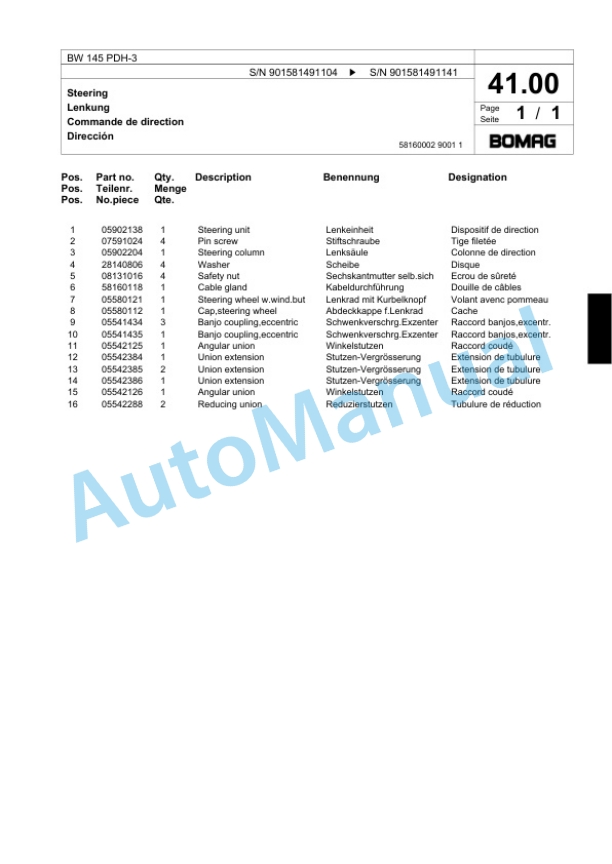 Bomag BW 145 PDH-3 Single Drum Wheel Drive Vibratory Roller Spare Parts Catalogue 00817639-2