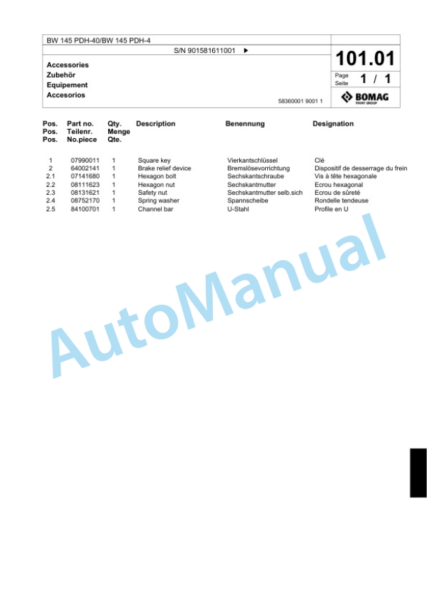 Bomag BW 145 PDH-40, BW 145 PDH-4 Single Drum Wheel Drive Vibratory Roller Spare Parts Catalogue 00818327-5