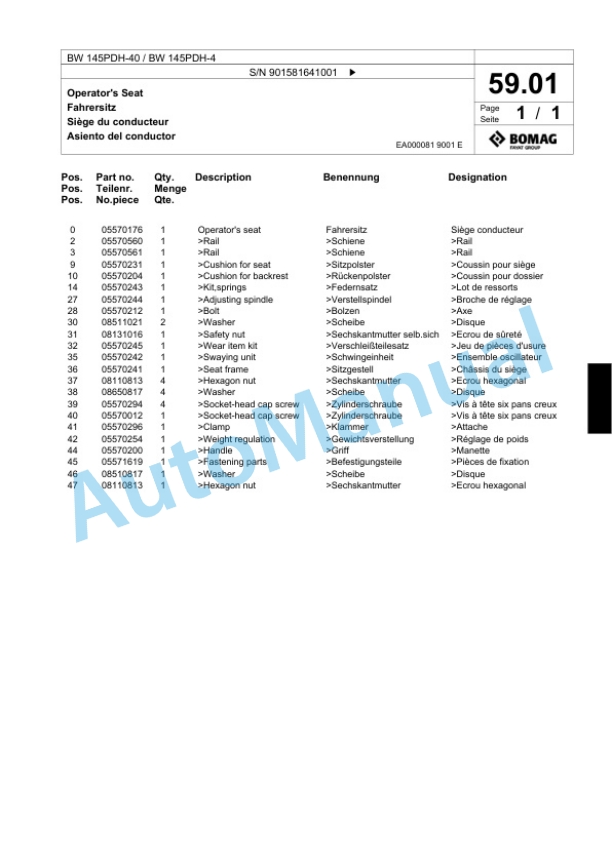 Bomag BW 145 PDH-40, BW 145 PDH-4 Single Drum Wheel Drive Vibratory Roller Spare Parts Catalogue 00818943-2