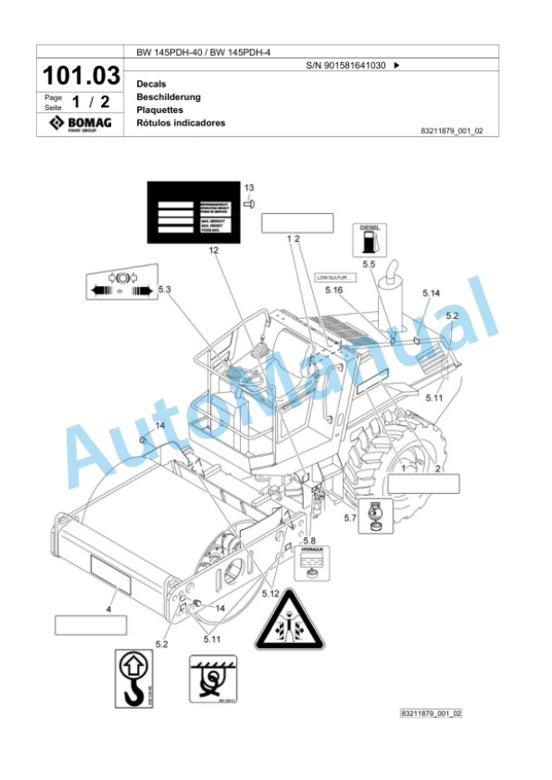Bomag BW 145 PDH-40, BW 145 PDH-4 Single Drum Wheel Drive Vibratory Roller Spare Parts Catalogue 00818943-5