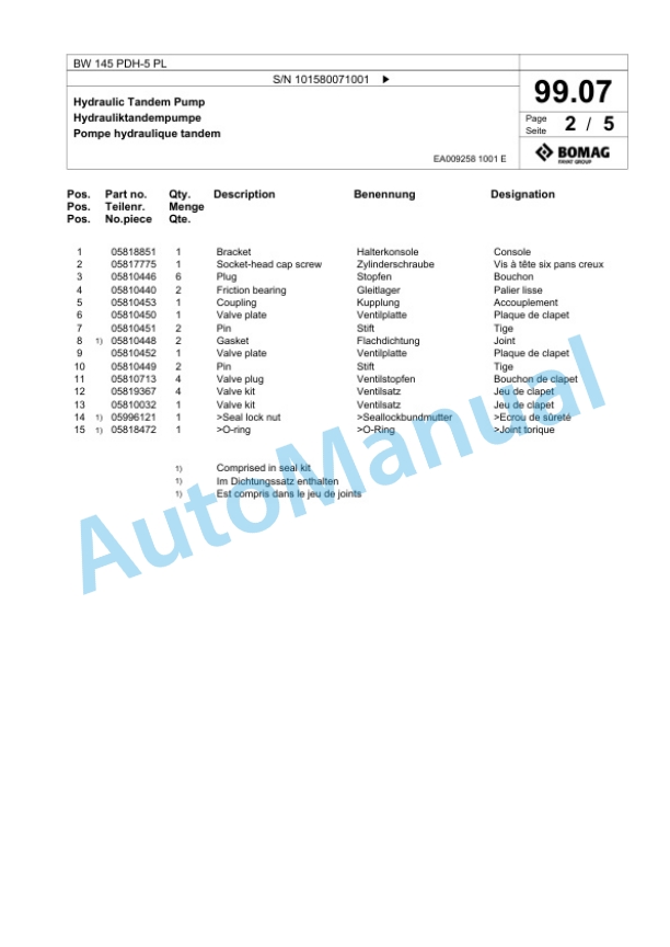 Bomag BW 145 PDH-5 PL Single Drum Wheel Drive Vibratory Roller Spare Parts Catalogue 00827067-2