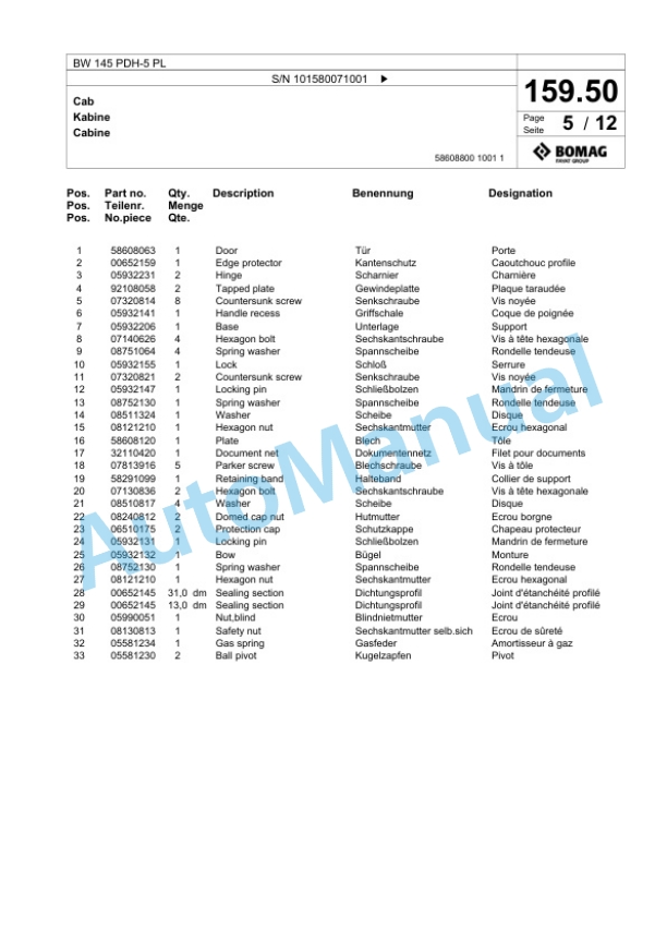 Bomag BW 145 PDH-5 PL Single Drum Wheel Drive Vibratory Roller Spare Parts Catalogue 00827067-4