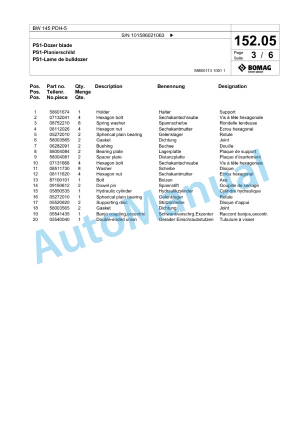 Bomag BW 145 PDH-5 Single Drum Wheel Drive Vibratory Roller Spare Parts Catalogue 00824473-3