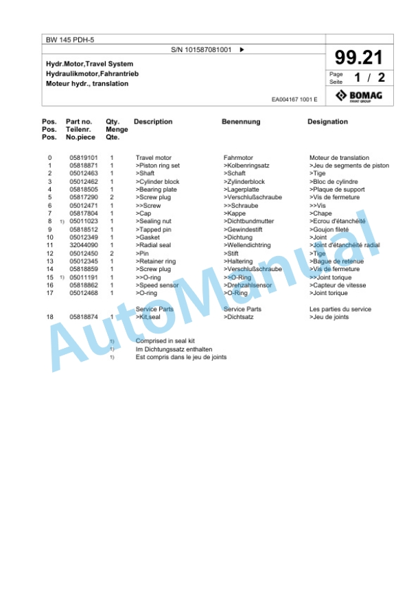 Bomag BW 145 PDH-5 Single Drum Wheel Drive Vibratory Roller Spare Parts Catalogue 00825723-2