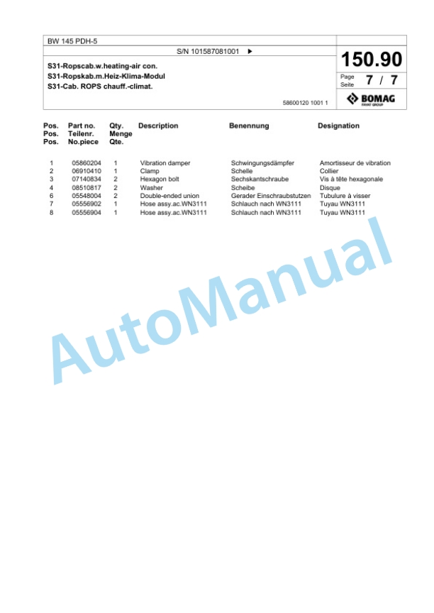 Bomag BW 145 PDH-5 Single Drum Wheel Drive Vibratory Roller Spare Parts Catalogue 00825723-3