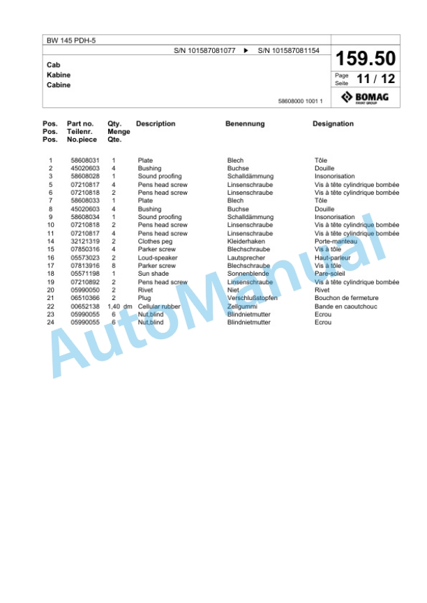 Bomag BW 145 PDH-5 Single Drum Wheel Drive Vibratory Roller Spare Parts Catalogue 00825723-5