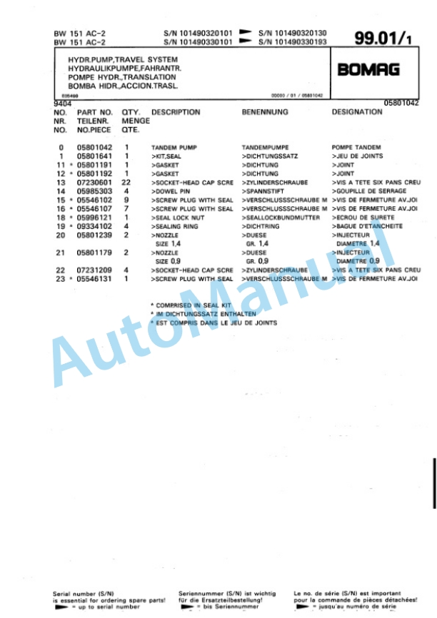 Bomag BW 151 AC-2 Combination Roller Spare Parts Catalogue 00810090-3