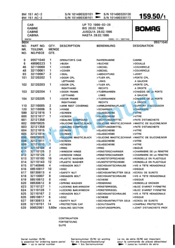 Bomag BW 151 AC-2 Combination Roller Spare Parts Catalogue 00810090-5