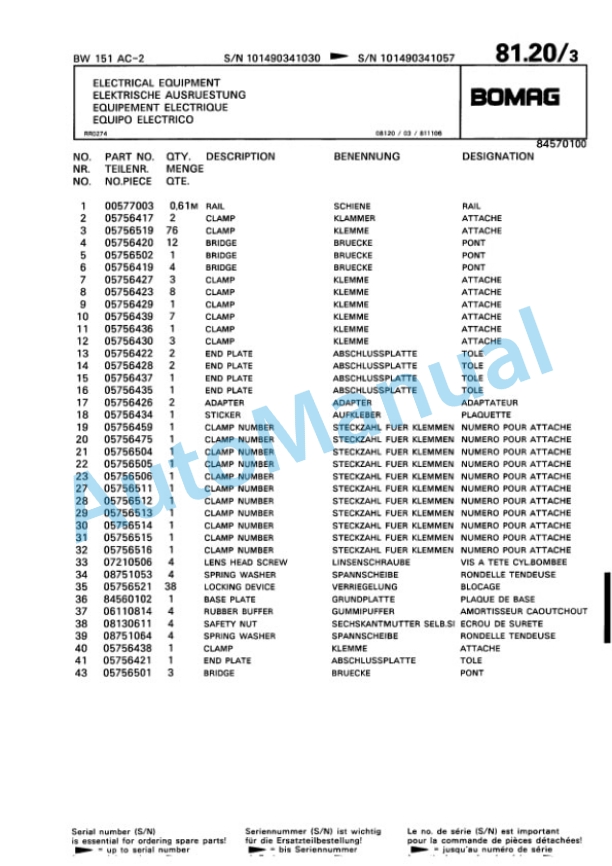 Bomag BW 151 AC-2 Combination Roller Spare Parts Catalogue 00810172-2