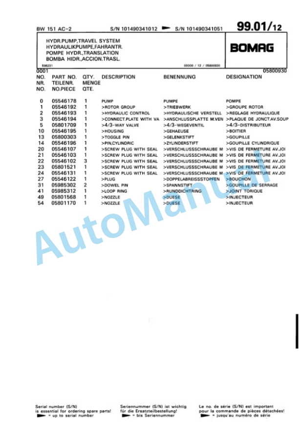 Bomag BW 151 AC-2 Combination Roller Spare Parts Catalogue 00810172-3